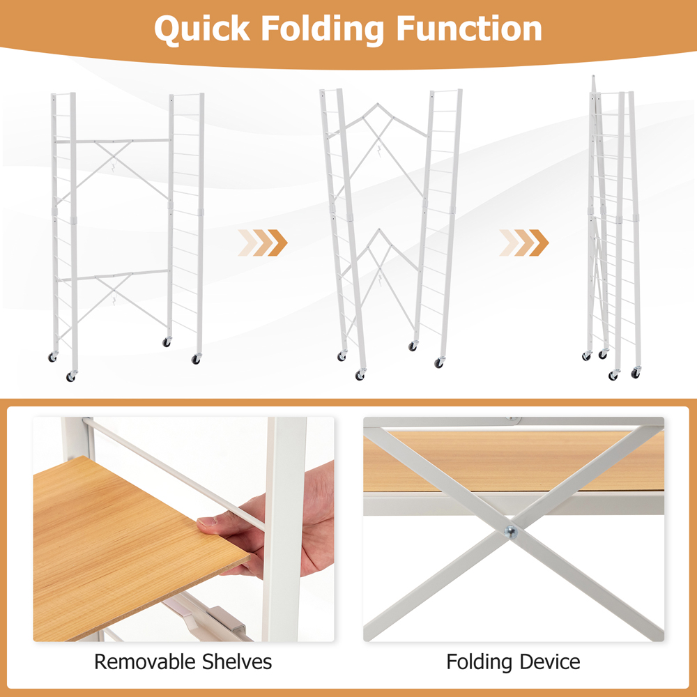 Costway 4 Shelf Natural Metal Folding Wheeled Shelving Rack Image 8