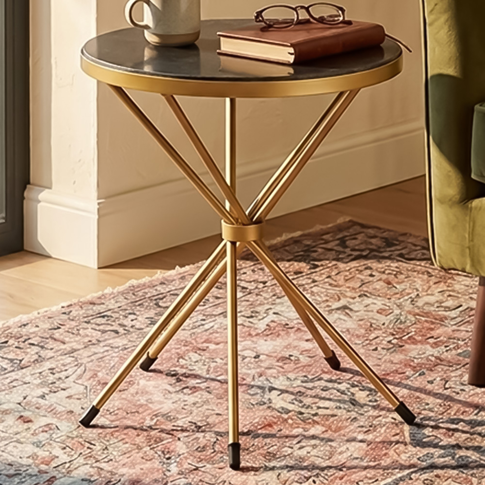 Premier Housewares Templar Black and Gold Round Side Table with Marble Top Image 1