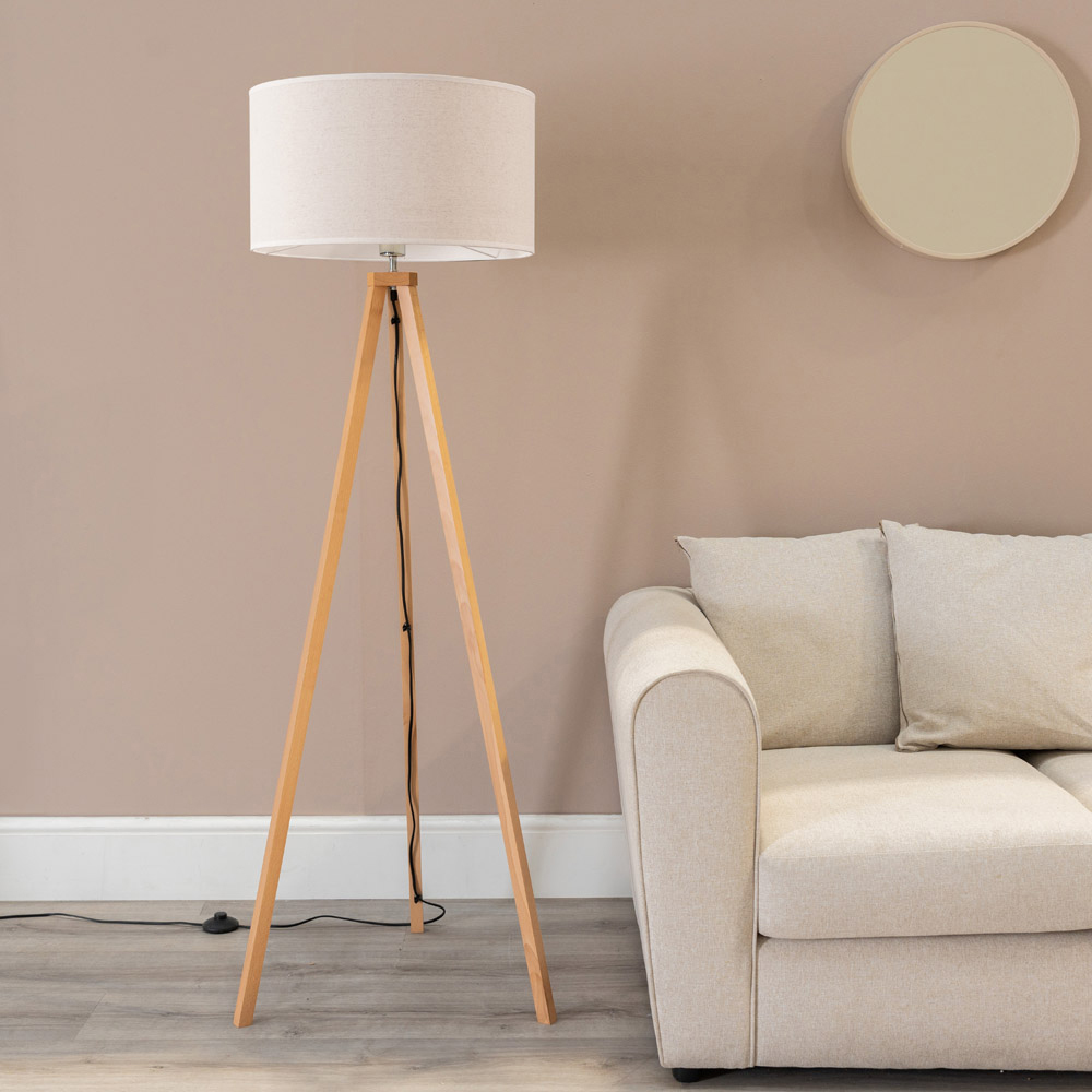 ValueLights Barbro Natural Linen White Edge Drum Shade Wood Tripod LED Floor Lamp Image 3