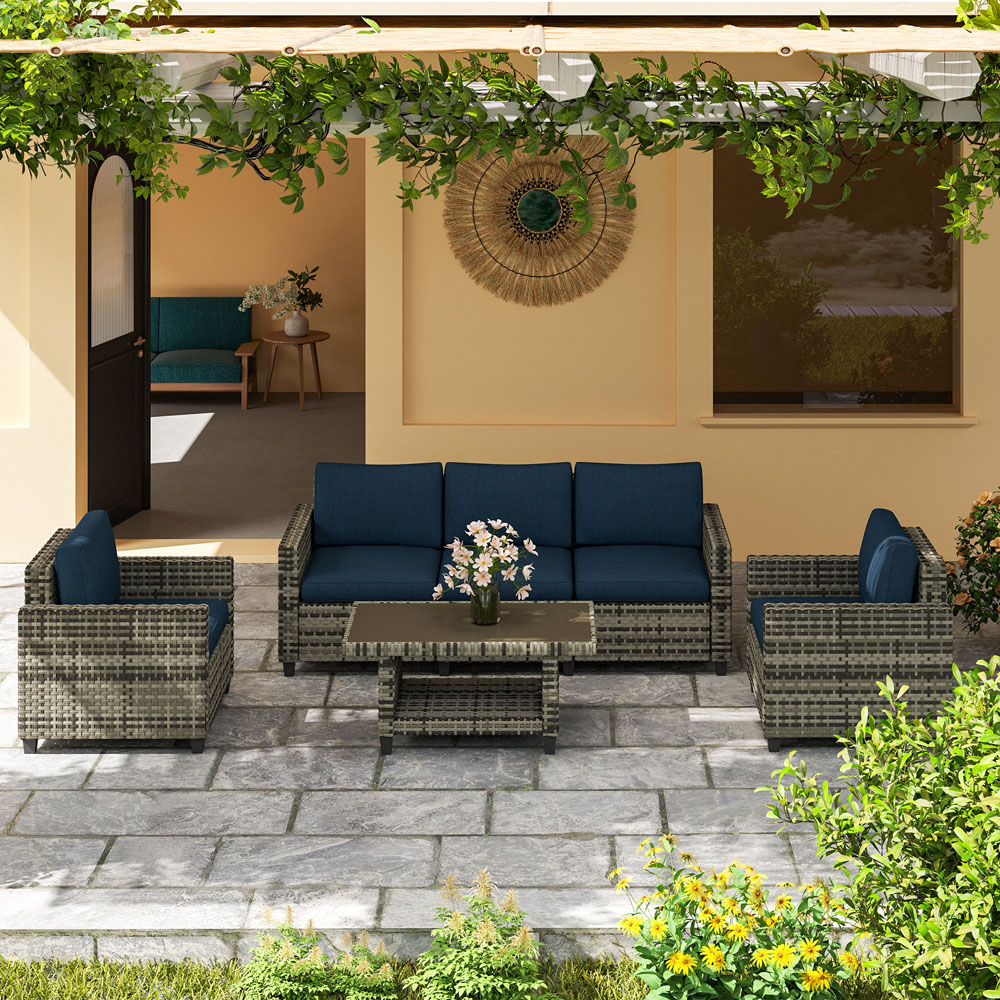Outsunny 5 Seater Navy Blue Wicker Outdoor Furniture Set Image 3