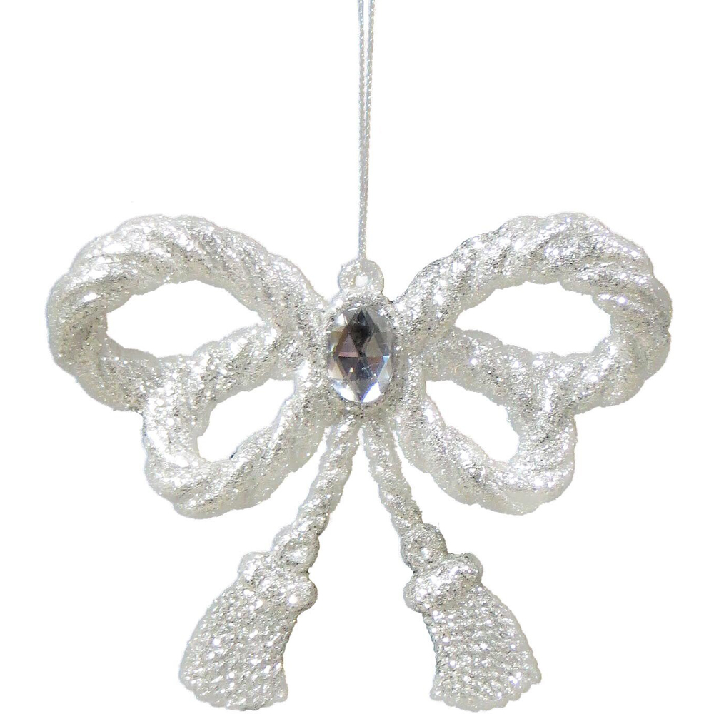 Frosted Fairytale Silver Glitter Jewelled Bow Decoration Ornament Image