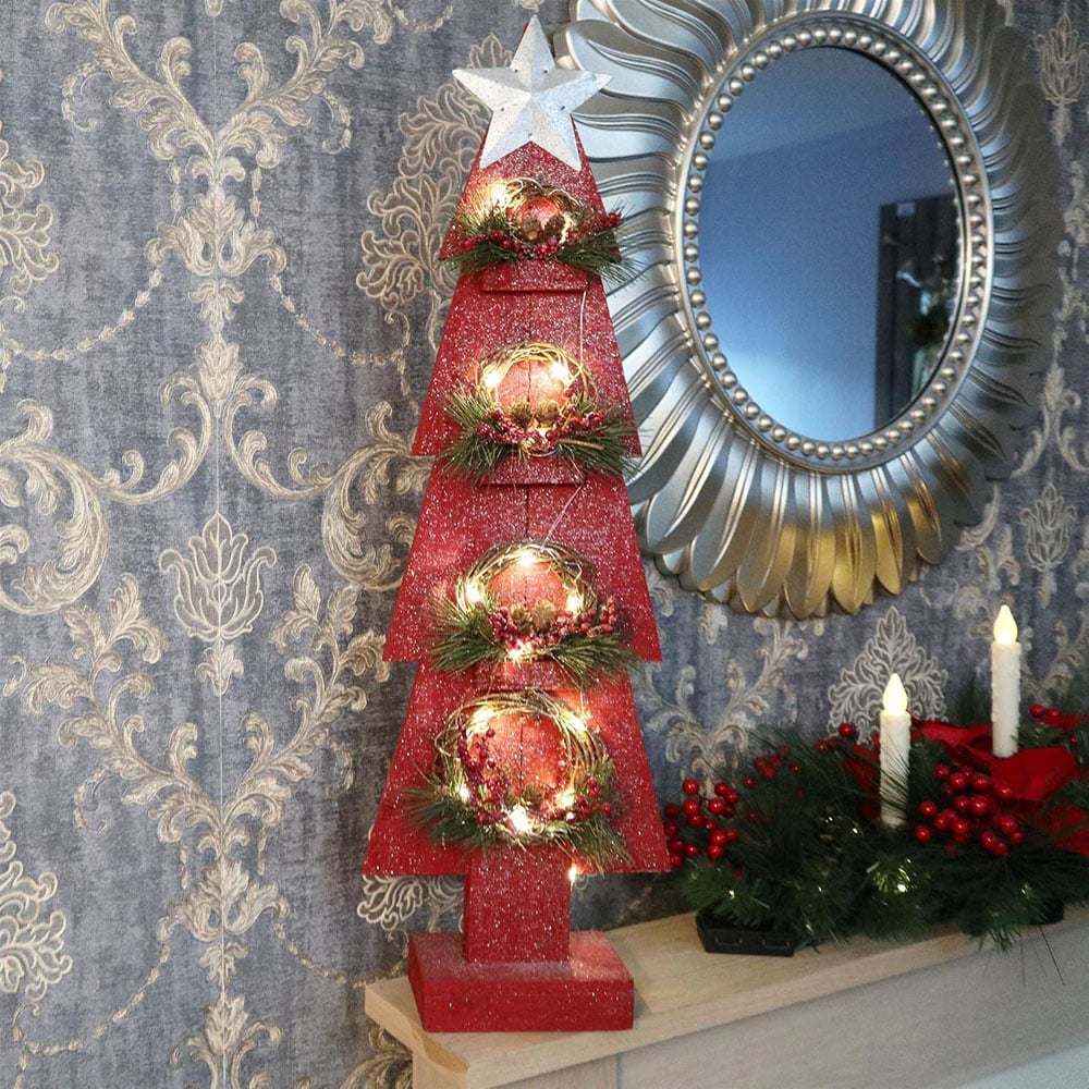 Shatchi Red Wooden Tree LED Christmas Decoration with Berries and Pines Image 3