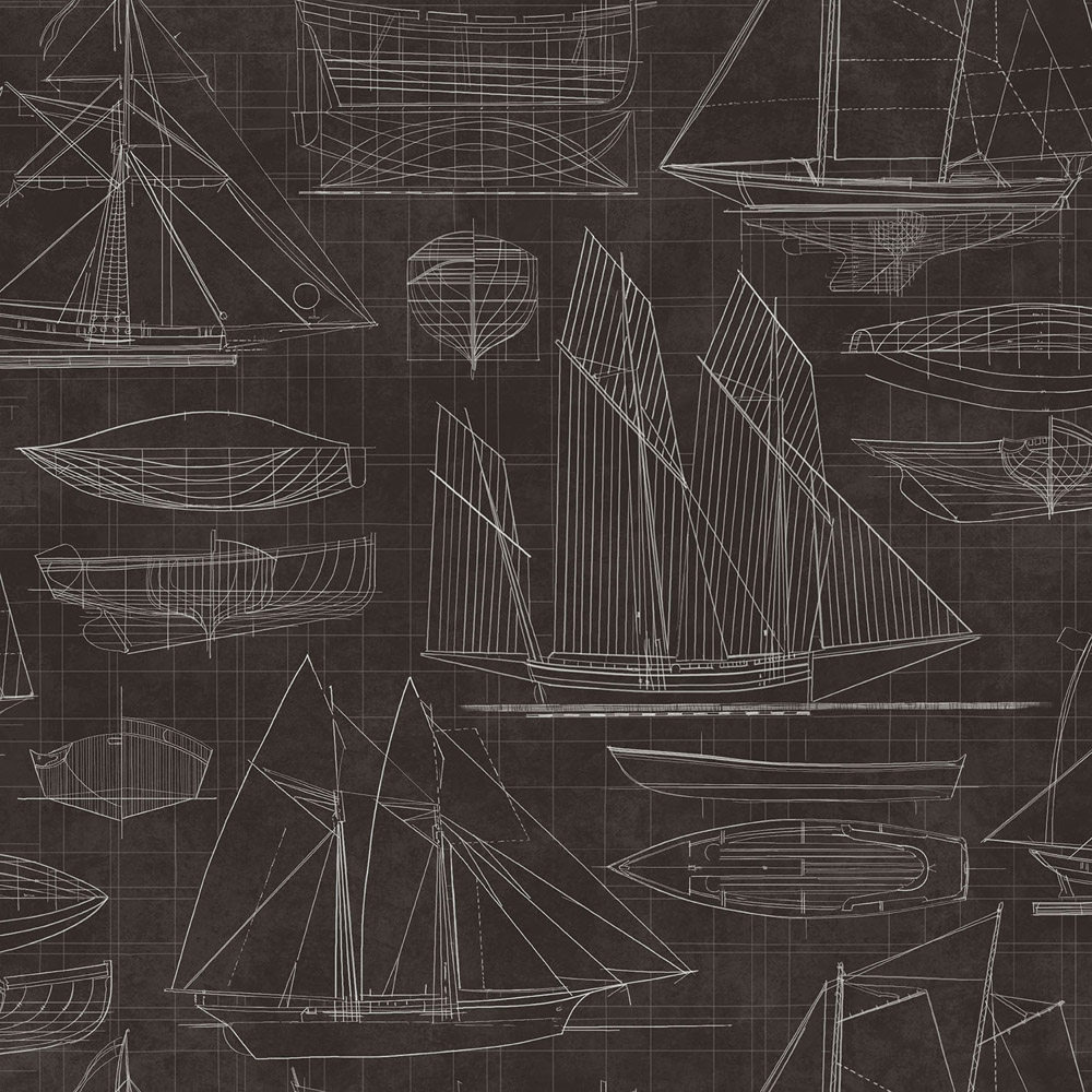Galerie Deauville 2 Sailing Boats White Blueprint Black Wallpaper Image 1