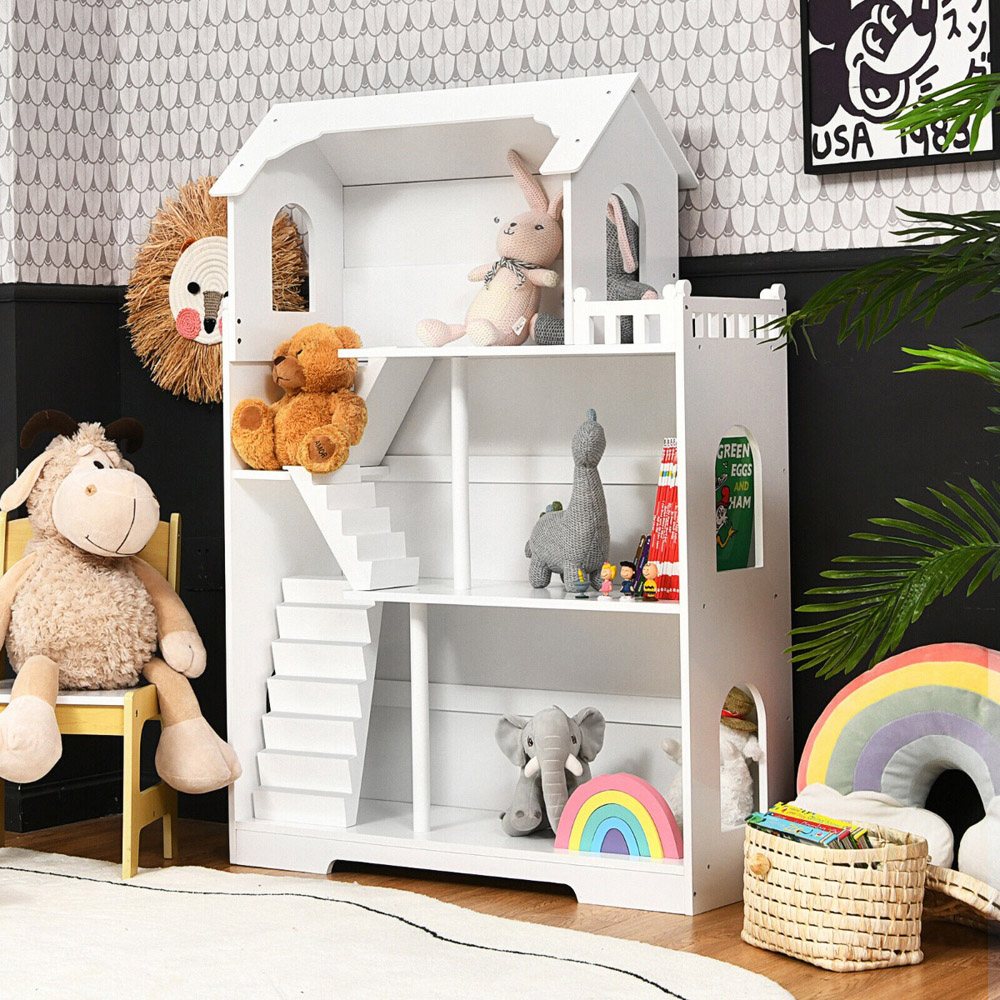 Costway 3 Shelf Kids Wooden Dollhouse Bookcase Image 4