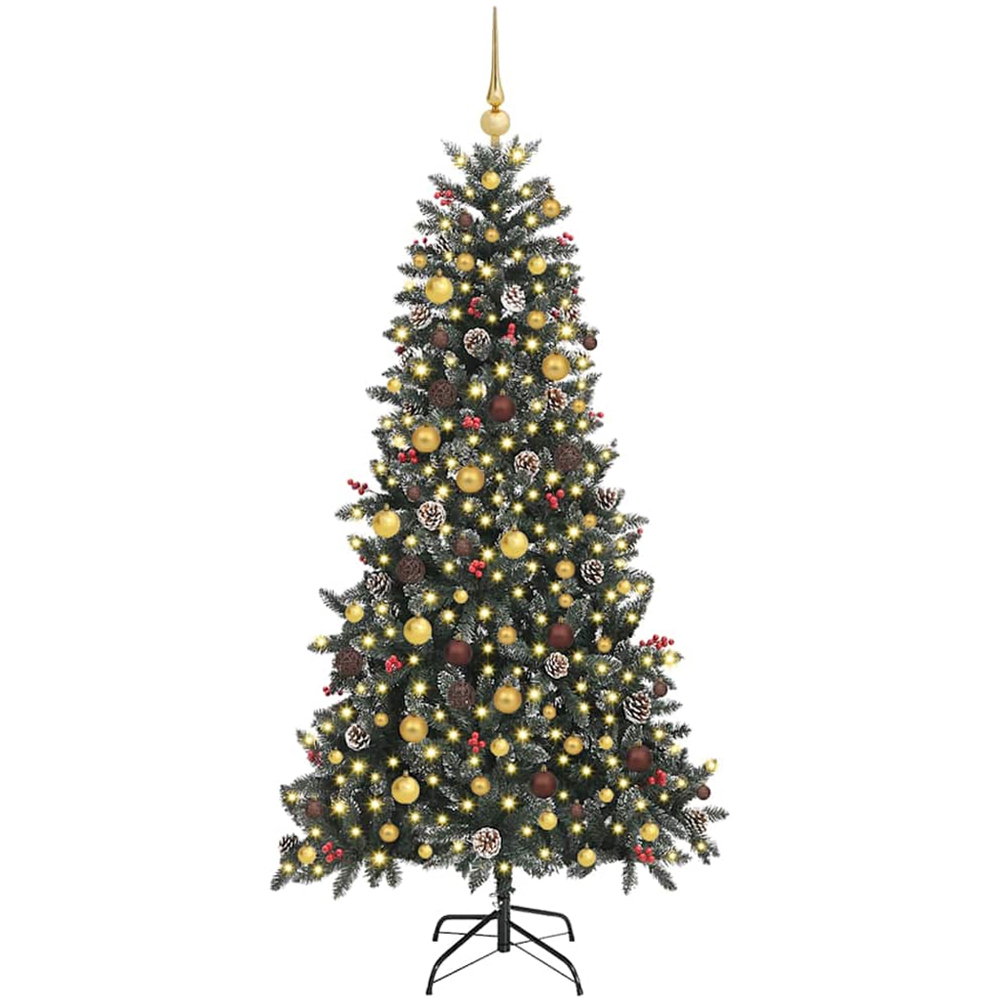 vidaXL Pre-Lit Gold Bronze Baubles and Pinecones Green Artificial Snow Tipped Christmas Tree 7ft Image 1