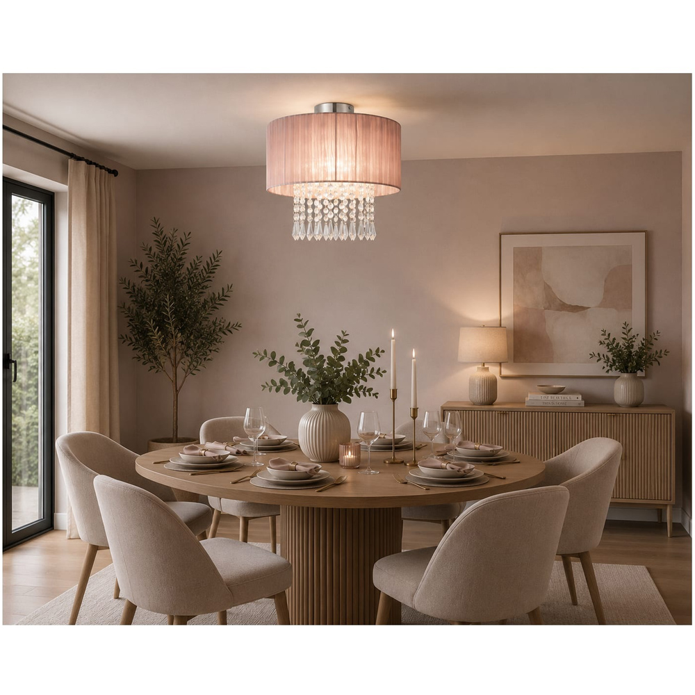 Cosylyte Winni Modern Beaded Voile Pink Shade Chrome Ceiling Light Image 6
