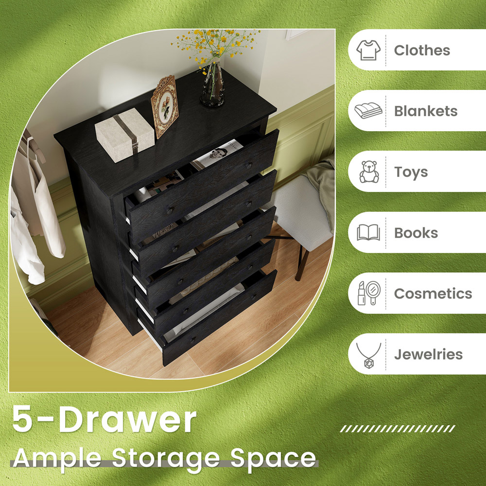 Costway 5 Drawer Black Wooden Chest of Drawer Image 5