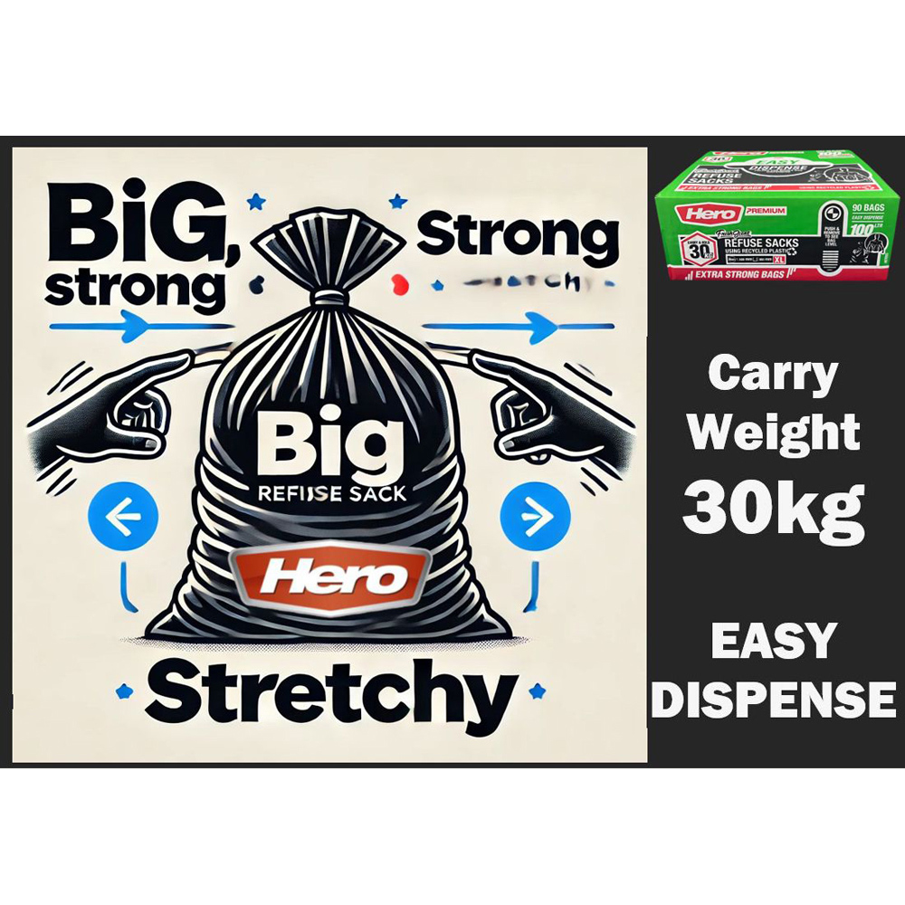 Hero Scented Easy Dispense Flat Refuse Bin Bags Black 100L 90 Pack Image 9