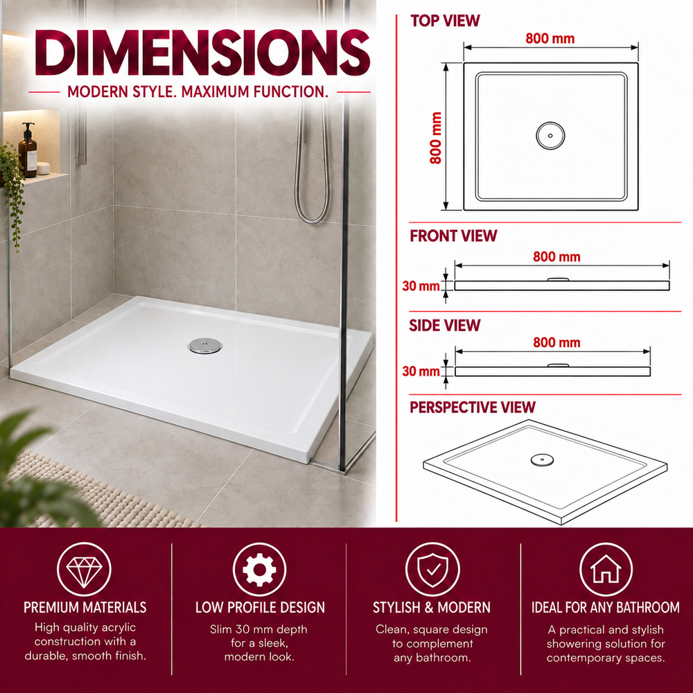 Go Bathrooms 30mm White Low Profile Square Shower Tray 800 x 800mm Image 5