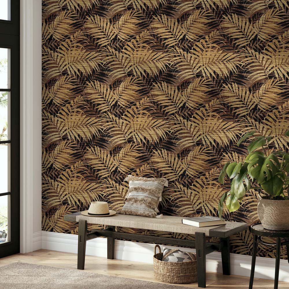 Arthouse Textured Palm Leaf Chocolate and Gold Wallpaper | Wilko