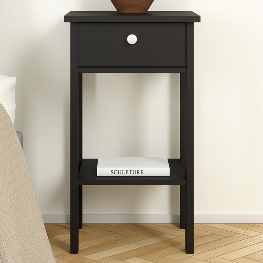 Florence Madrid Single Drawer Matt Black Bedside Table Image 1