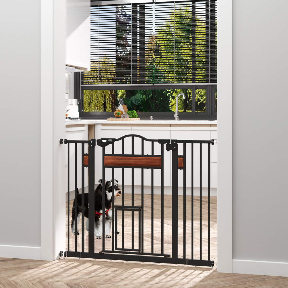 PawHut Black 74-105cm Pine and Metal Pet Safety Gate with Cat Door Image 2