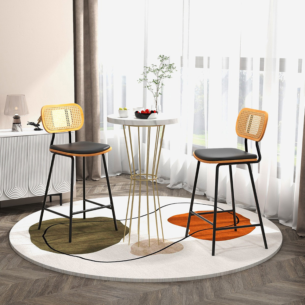 Costway Black Rattan Faux Leather Bar Stool Set of 2 Image 3