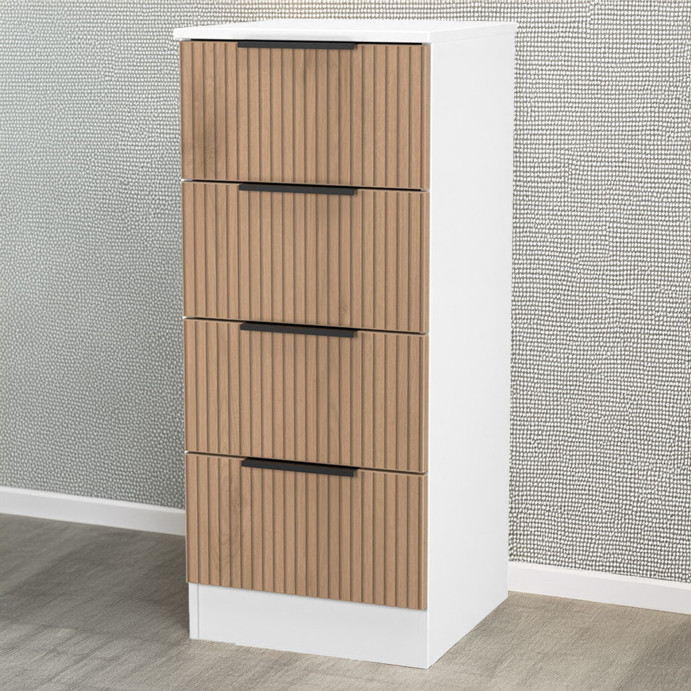 Crowndale Java 4 Drawer Slatt Effect and White Bedside Cabinet Image 1