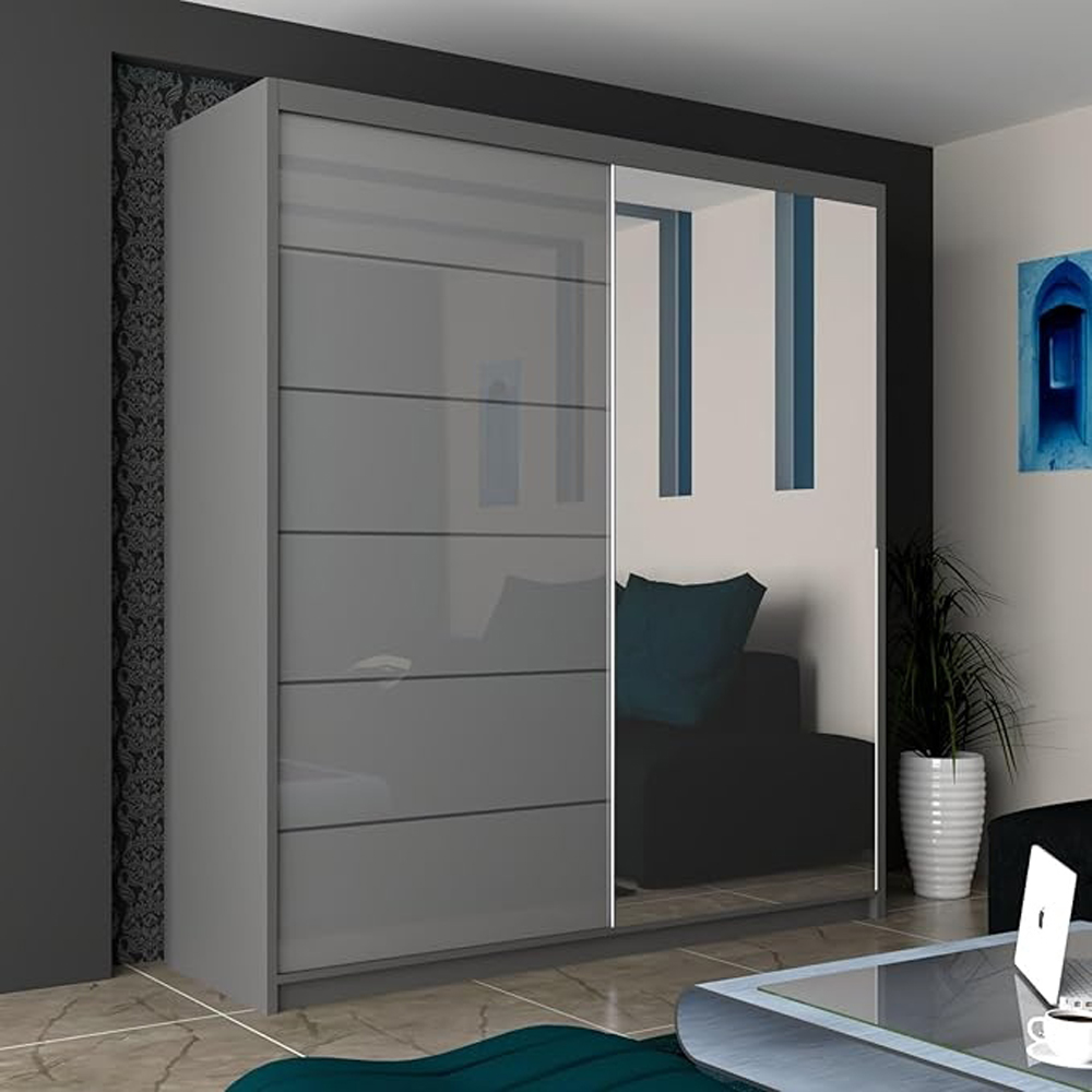 M N Furniture Inovo 2 Door Grey High Gloss Mirrored Sliding Wardrobe 180cm Image 3