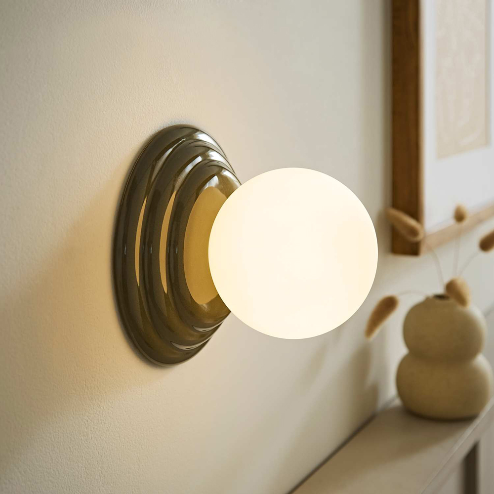 ValueLights Rue Frosted Glass Shade Olive Ribbed Ceramic Base Flush Wall Light with Bulb Image 6