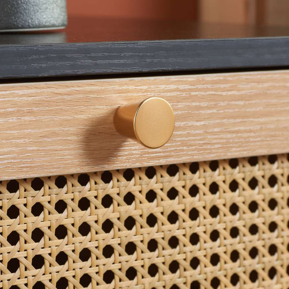Croxley 2 Drawer Black and Oak Rattan Bedside Table Image 6