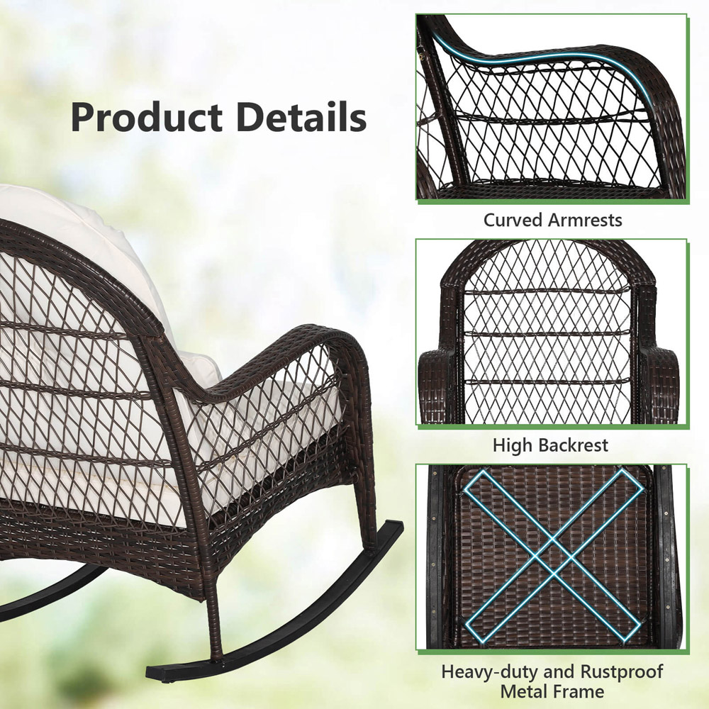 Costway White Rattan Rocking Chair with Seat Back Cushion Image 8