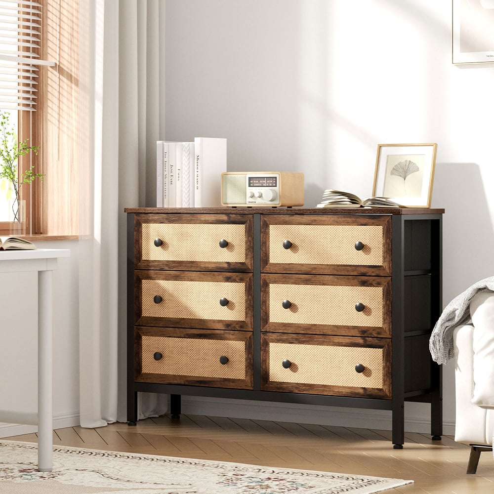 H&O Direct 6 Drawer Rattan Detailing Rustic Cabinet Image 5