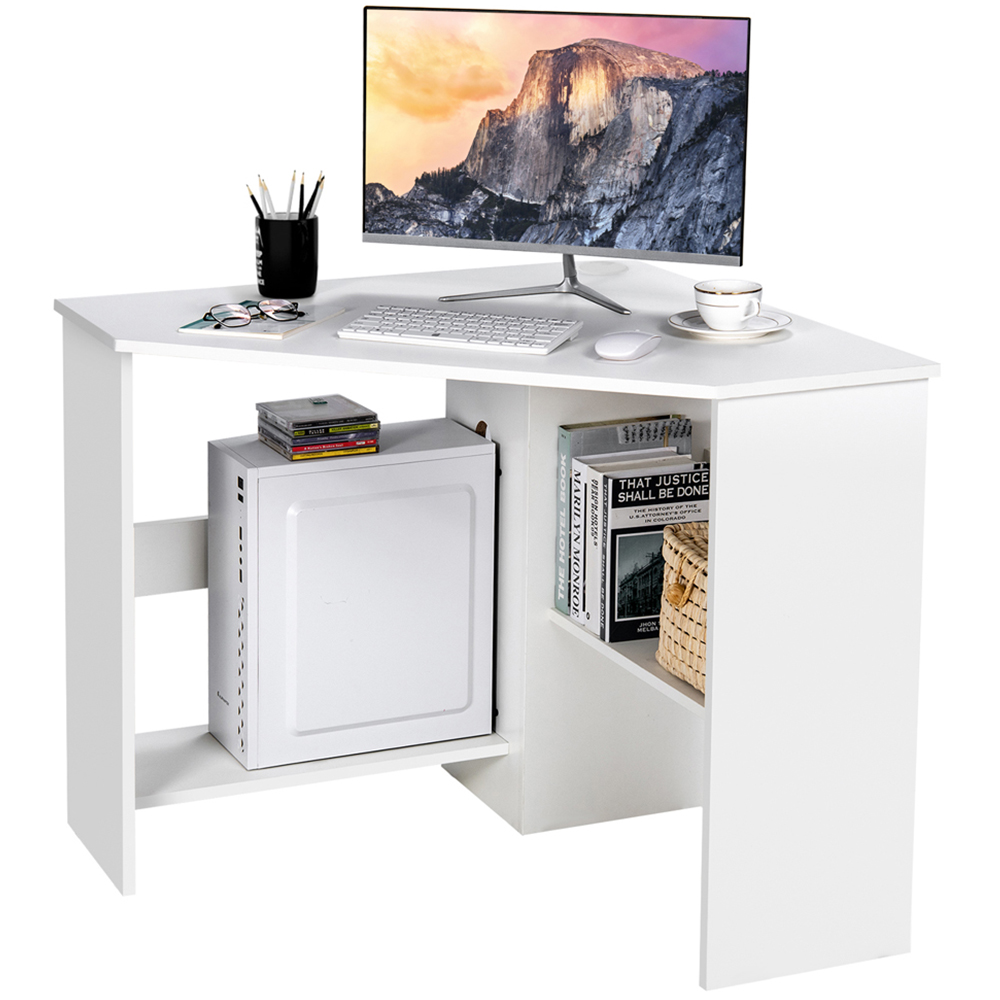 Costway Triangle Corner Computer Desk with Open Shelf and Cable Holes White Image 3