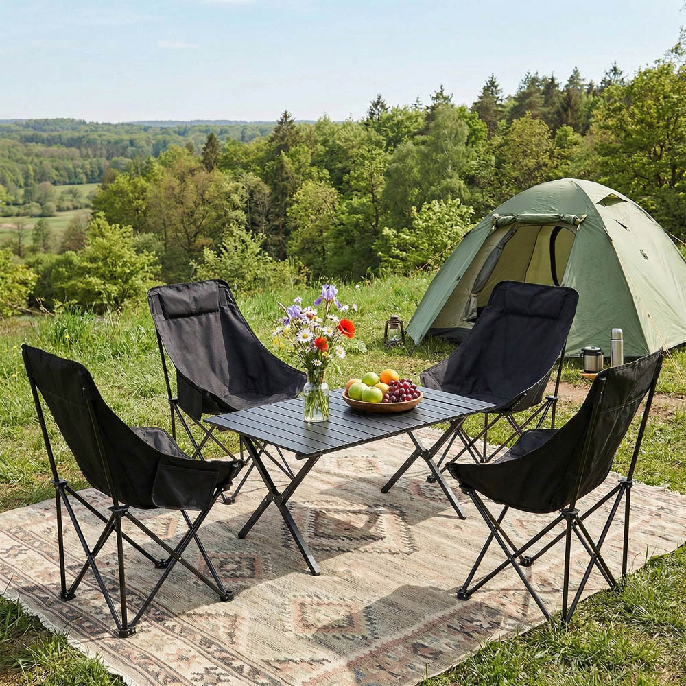 Living and Home 4 Seater Black Foldable High Back Camping Table and Chair Set Image 7