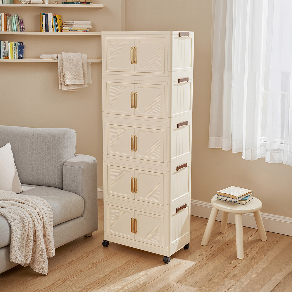Living and Home 5-Tier Cream Plastic Storage Cabinet with Magnetic Door Image 7
