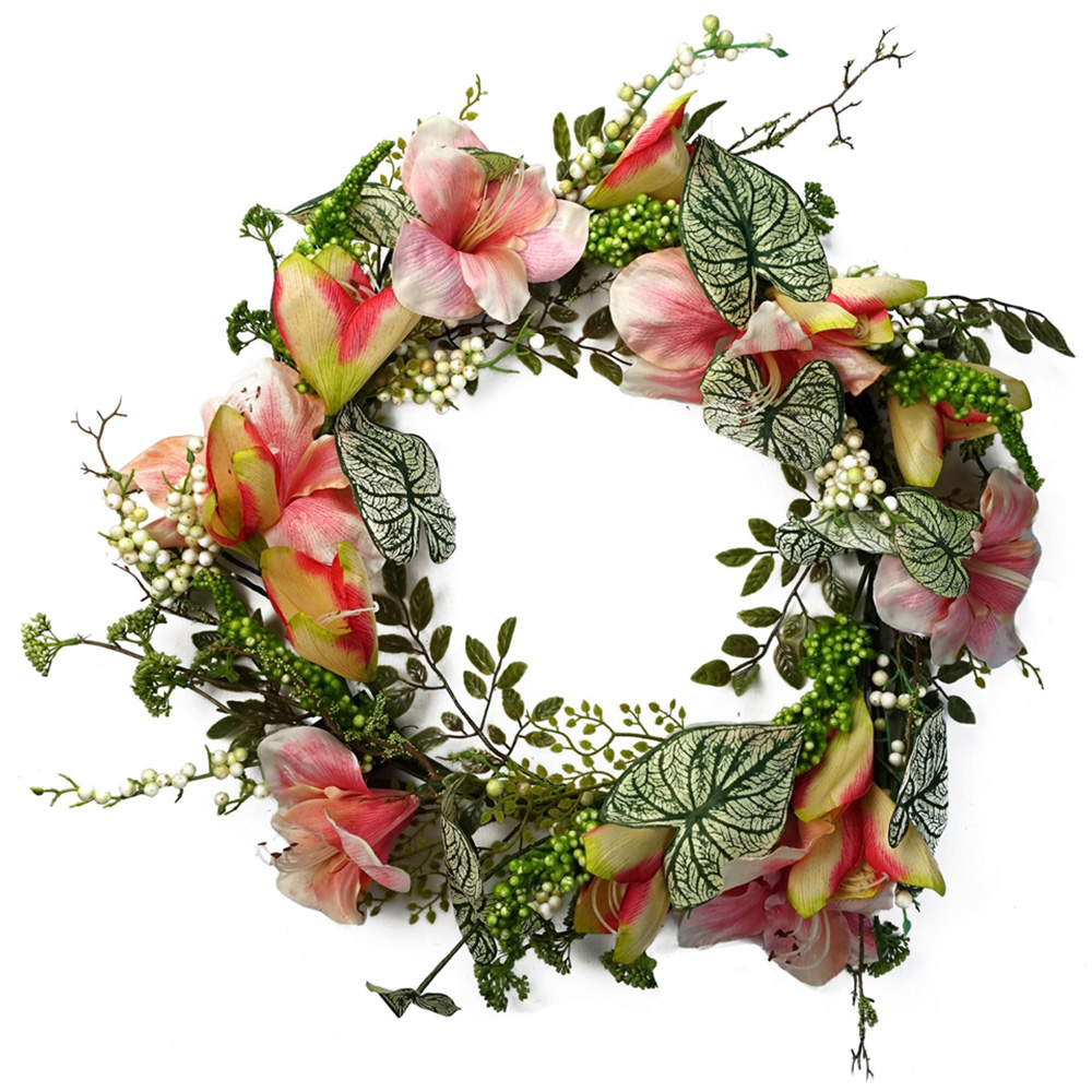 Leaf Pink Lily Artificial Wreath 60cm Image 1
