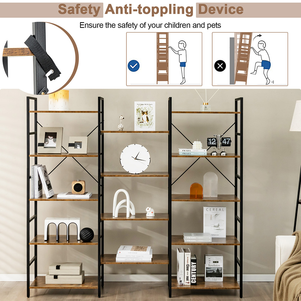Costway 5 Open Shelf Brown Industrial Bookshelf Image 6