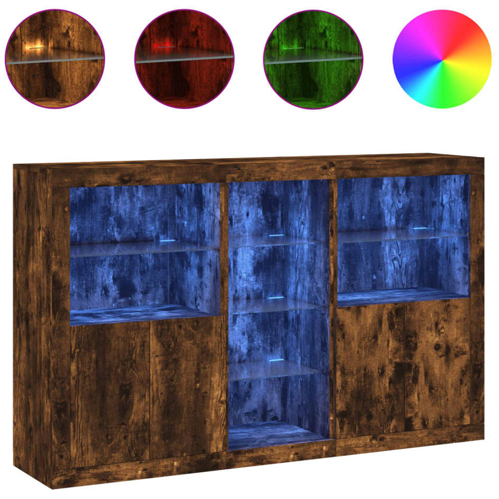 vidaXL 4 Door 8 Shelf Smoked Oak LED Sideboard 3 Piece Image 3