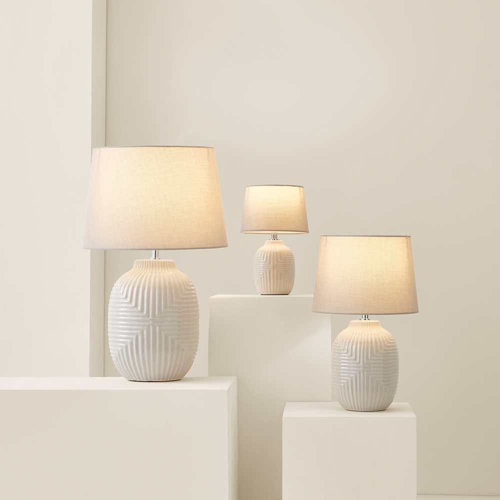 ValueLights Harrison Tapered Shade Grey Geo Ribbed Pattern Gloss Small LED Table Lamp Image 7