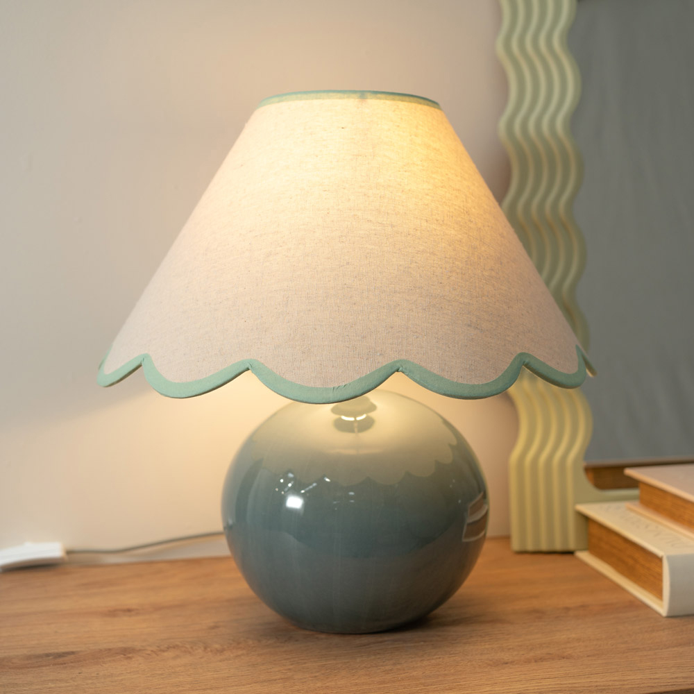 ValueLights Bosco Eucalyptus Teal Blue Green Trim Scallop Shade Ceramic LED Table Lamp Image 2