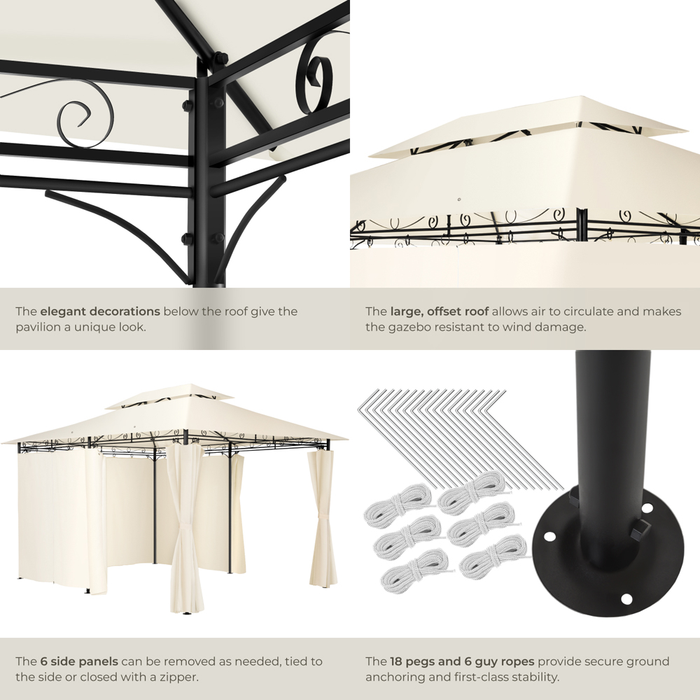 tectake Emine 4 x 3m Cream Double Roof Water-Repellent Gazebo with 6 Side Panel Image 6