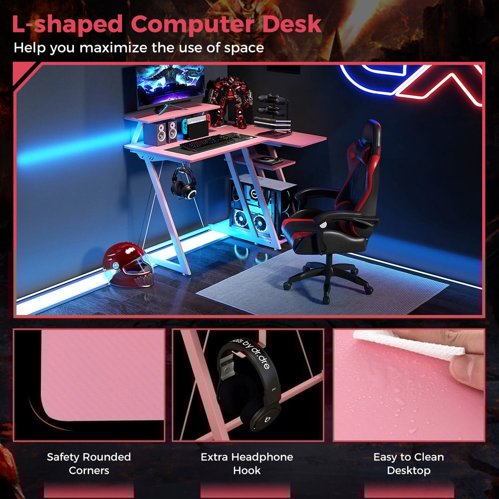 Costway L Shaped Gaming Desk with USB Ports Pink Image 4