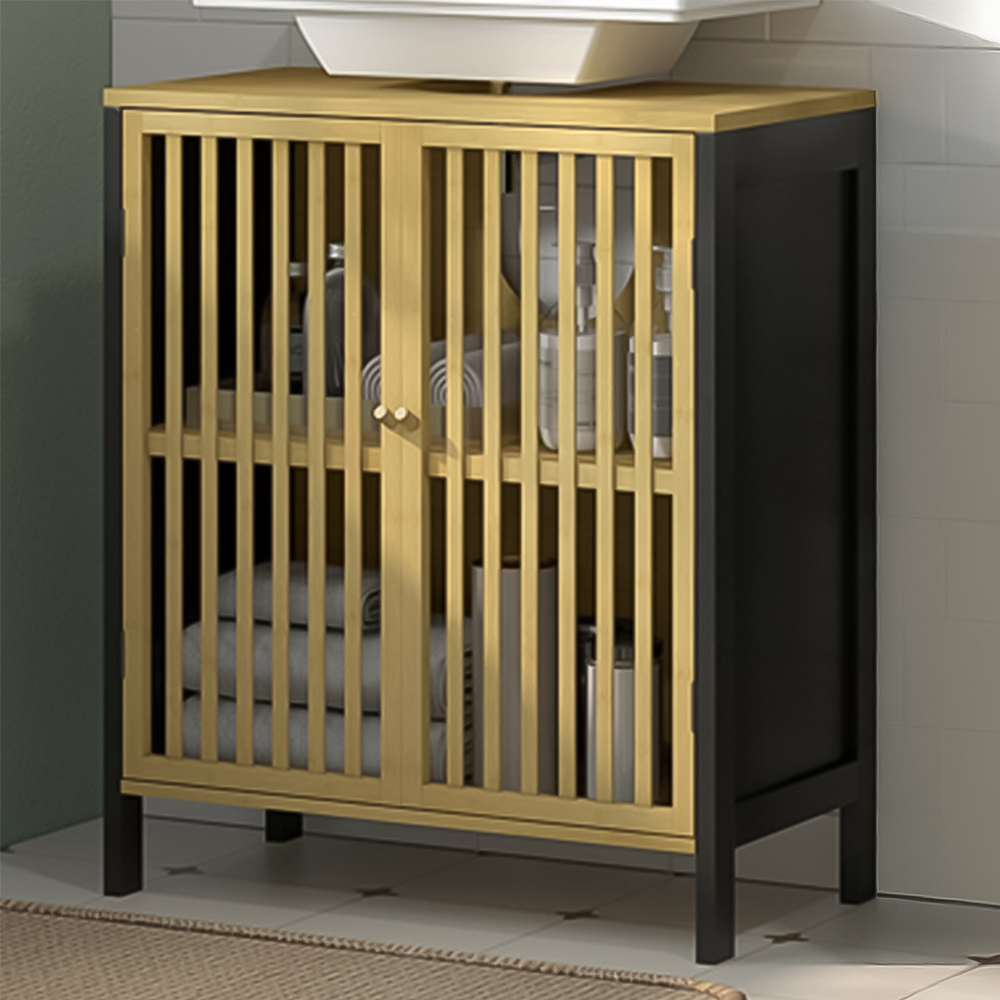 HOMCOM 2 Door Bamboo Slated Under Sink Bathroom Cabinet Image 1