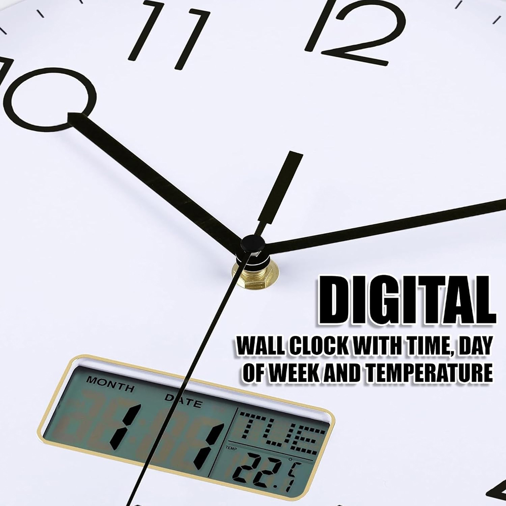 ATEK Silver Silent Digital Wall Clock with Date Day and Temperature Display 30cm Image 2