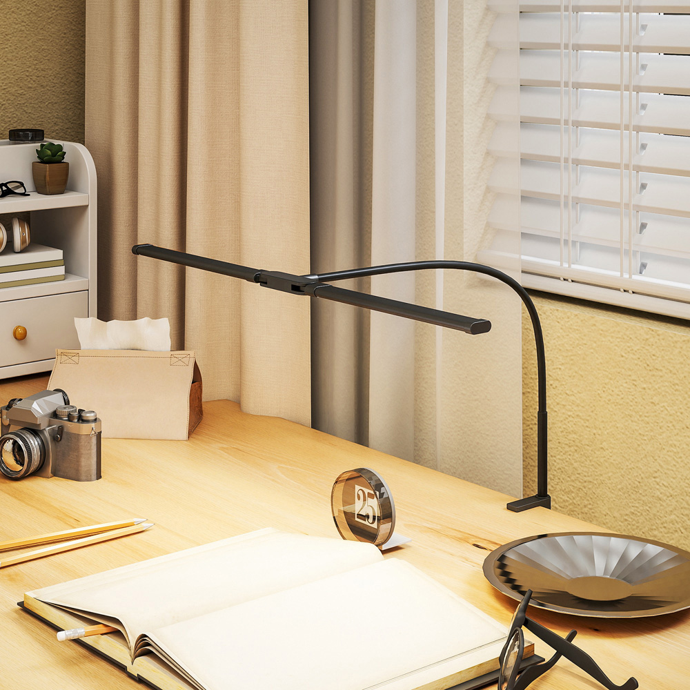 HOMCOM Black Double Head Dimmable LED Table Lamp with Clamp Image 4