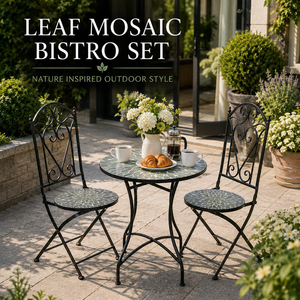Shatchi Leaf 2 Seater Mosaic Ceramic Tile Top Foldable Bistro Set Image 6