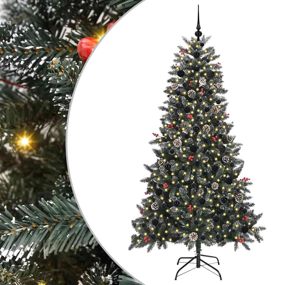 vidaXL Pre-Lit Black Baubles and Pinecones Green Artificial Snow Tipped Christmas Tree 6ft Image 2