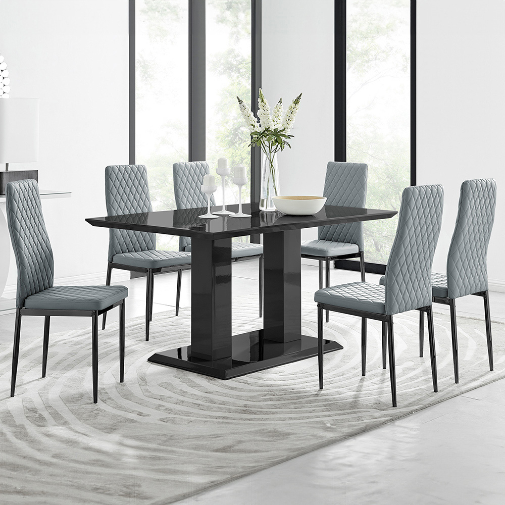 Furniturebox Molini Valera 6 Seater Dining Set Black Gloss and Grey Image 1