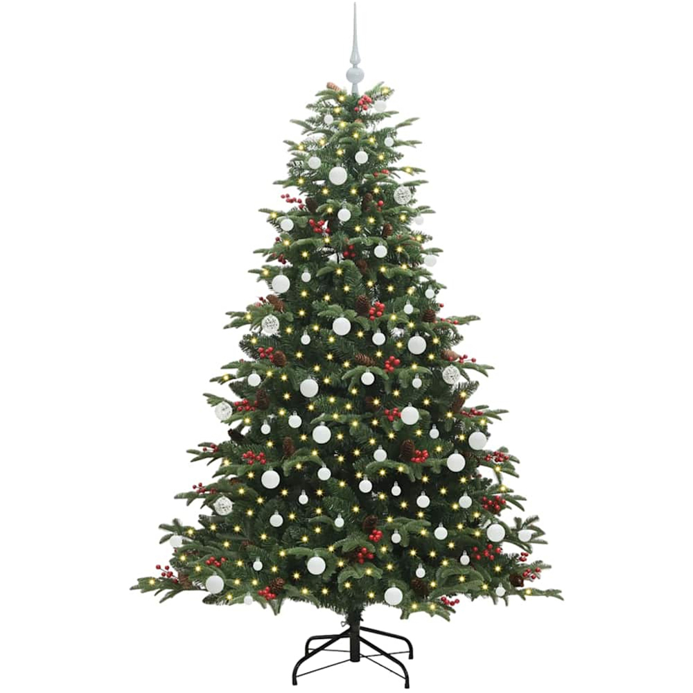 vidaXL Pre-Lit Warm White LED and White Baubles Green Artificial Christmas Tree with Stand 6ft Image 1