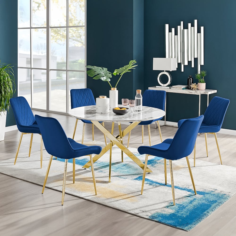 Furniturebox Arona Cesano 6 Seater Dining Set White Marble and Blue Image 1
