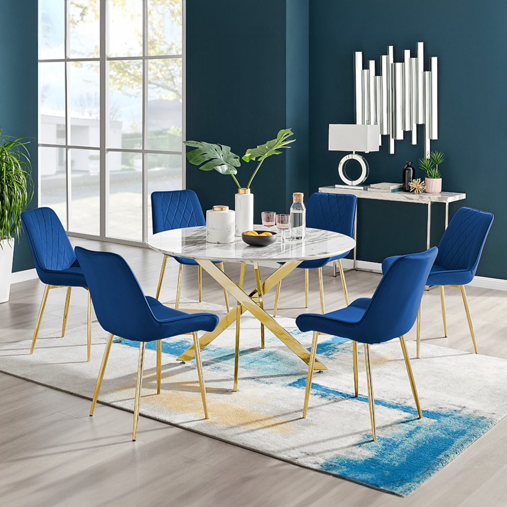 Furniturebox Arona Cesano Marble Effect 6 Seater Dining Set White Gold and Blue Image 1