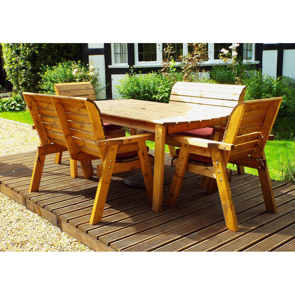 Charles Taylor Solid Wood 6 Seater Rectangular Outdoor Dining Bench Set with Red Cushions Image 4