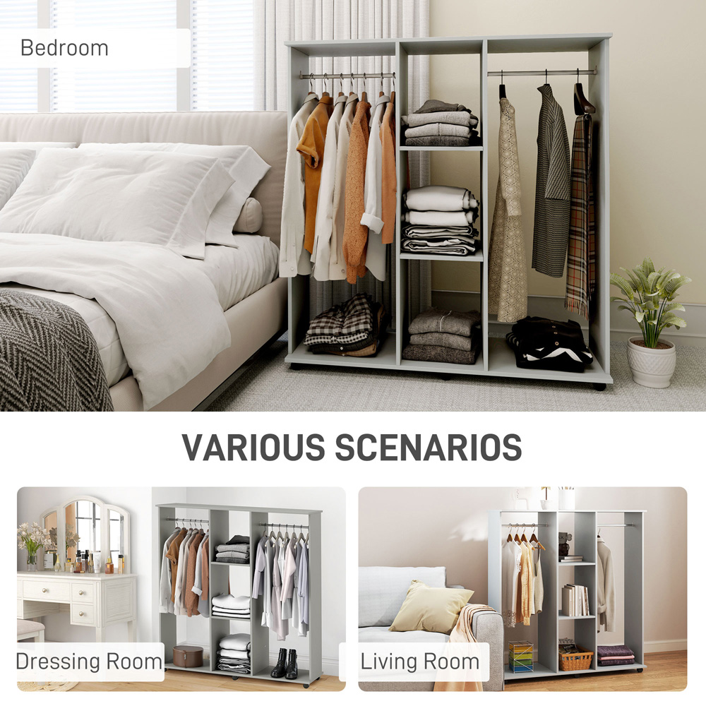 Portland 3 Shelf Grey Double Open Wardrobe with Hanging Rail Image 7