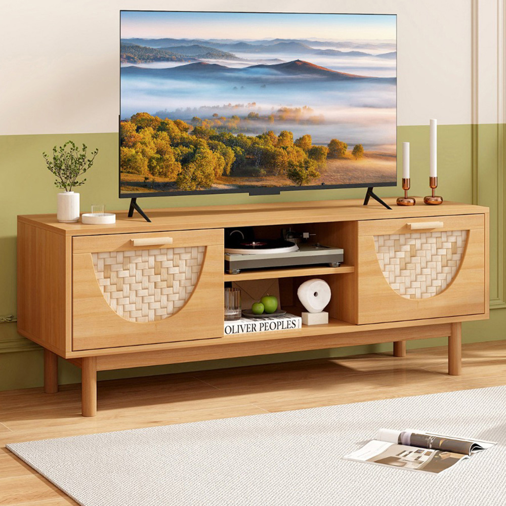 Costway 2 Drawer 2 Shelf Natural Bamboo Woven TV Unit Image 1