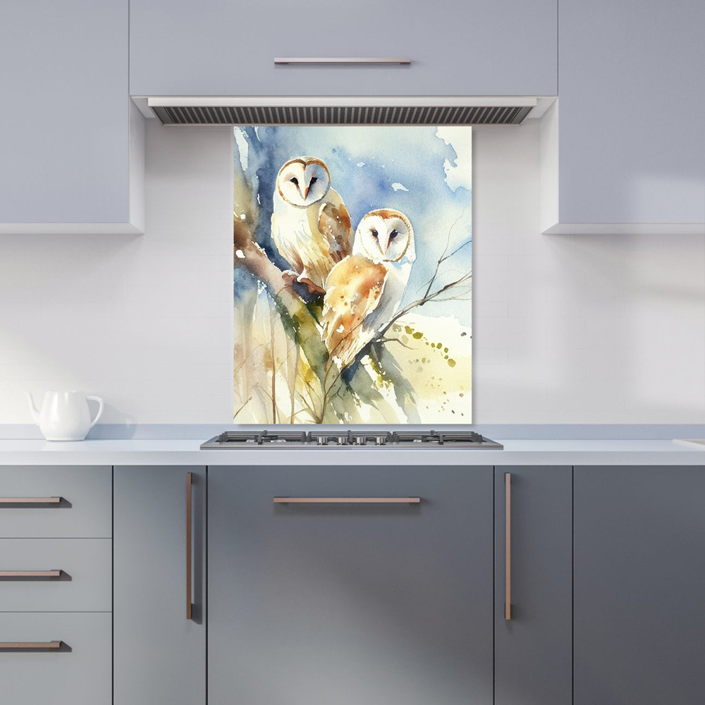 Warren Reed Designer Barn Owls Watercolour Glass Kitchen Splashback 75 x 60cm Image 1