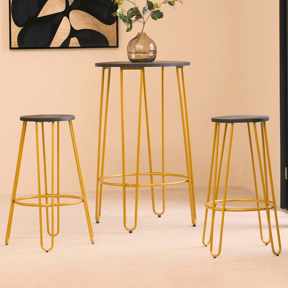 Premier Housewares District 2 Seater Gold Finish Bar Table and Stool Set Image 1