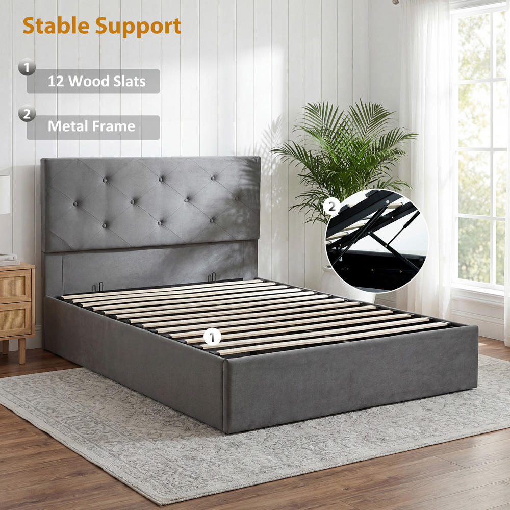 Portland Double Dark Grey Gas Lift-Up Bed Frame with Button-Tufted Headboard Image 6