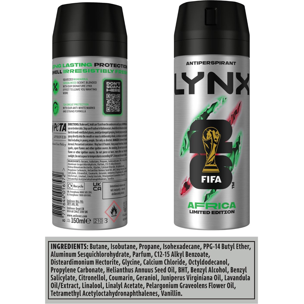 Lynx Africa 72H Sweat Protection Anti-Perspirant Aerosol Deodorant Spray 150ml 18 Pack Image 9
