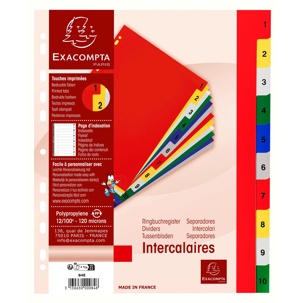Exacompta A4 Maxi Bright Assorted Colour Polypropylene 1-10 Printed Divider 20 Pack Image 7